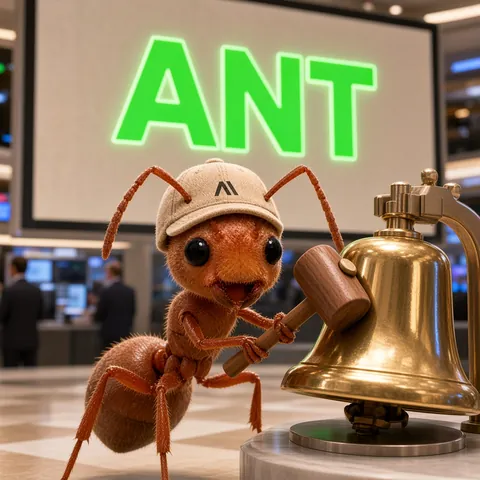 The ant ringing the opening bell under a green ANT trading-floor sign