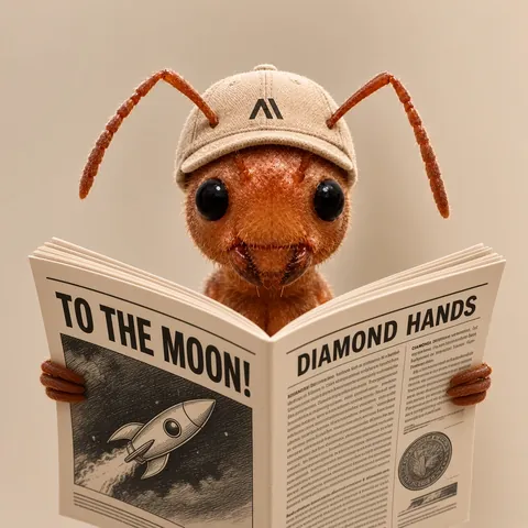 The ant reading a newspaper headlined To The Moon and Diamond Hands