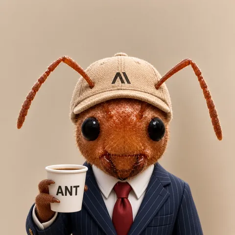 The ant in a suit and tie holding an ANT coffee mug