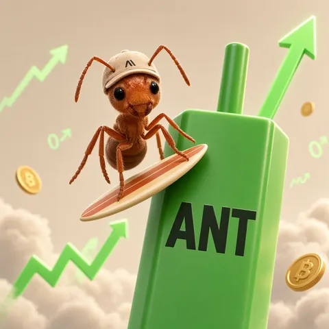 The ant surfing a giant green ANT candle with arrows pointing up