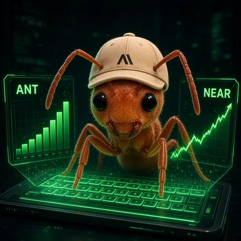 The ant at a laptop showing ANT and NEAR charts going up
