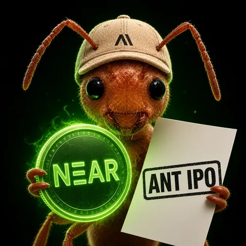 The ant holding a glowing NEAR coin and an ANT IPO sign