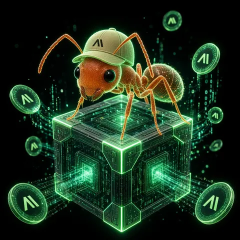 A neon green ant on a glowing blockchain cube surrounded by tokens